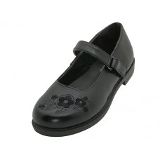 S5003-G - Wholesale Big Girl's "EasyUSA" PU Upper With Embroidery Flower Mary Jane Black School Shoes ( *Black Color ) 